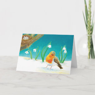 Red Robin Bird & Spring Snowdrops Illustration Card