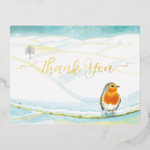Red Robin Bird & Winter Illustration Thank You Foil Holiday Postcard