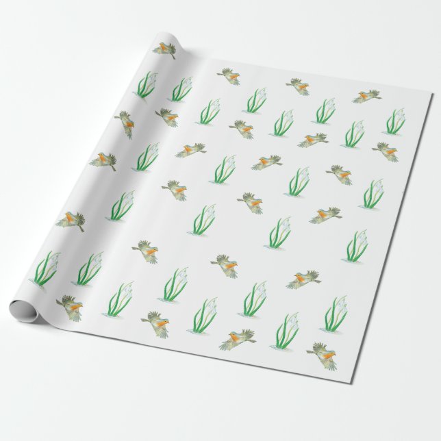 Red Robin Birds and Snowdrops, Galanthus nivalis Wrapping Paper (Unrolled)