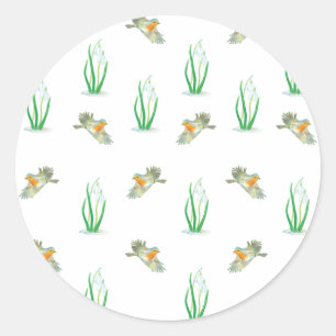 Red Robin Birds and Snowdrops spring pattern Classic Round Sticker