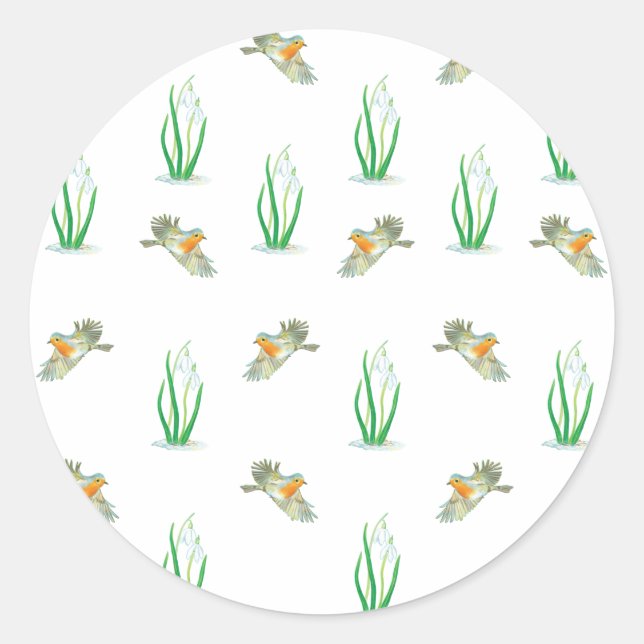 Red Robin Birds and Snowdrops spring pattern  Classic Round Sticker (Front)