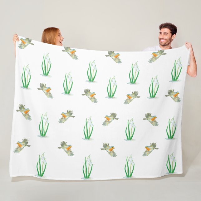 Red Robin Birds and Snowdrops spring pattern   Fleece Blanket (In Situ)