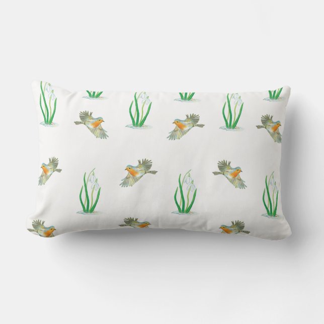 Red Robin Birds and Snowdrops spring pattern   Lumbar Cushion (Front)