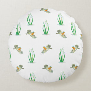 Red Robin Birds and Snowdrops spring pattern  Round Cushion