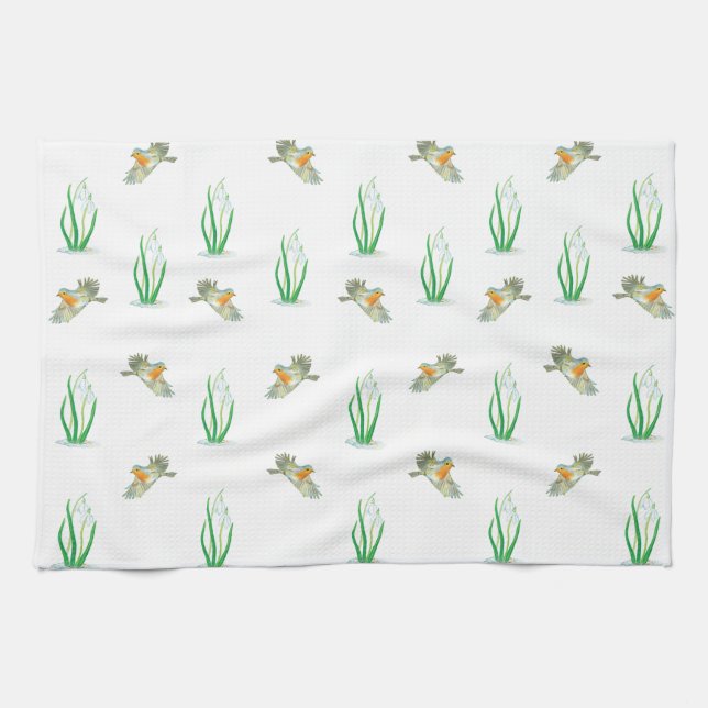 Red Robin Birds and Snowdrops spring pattern   Tea Towel (Horizontal)