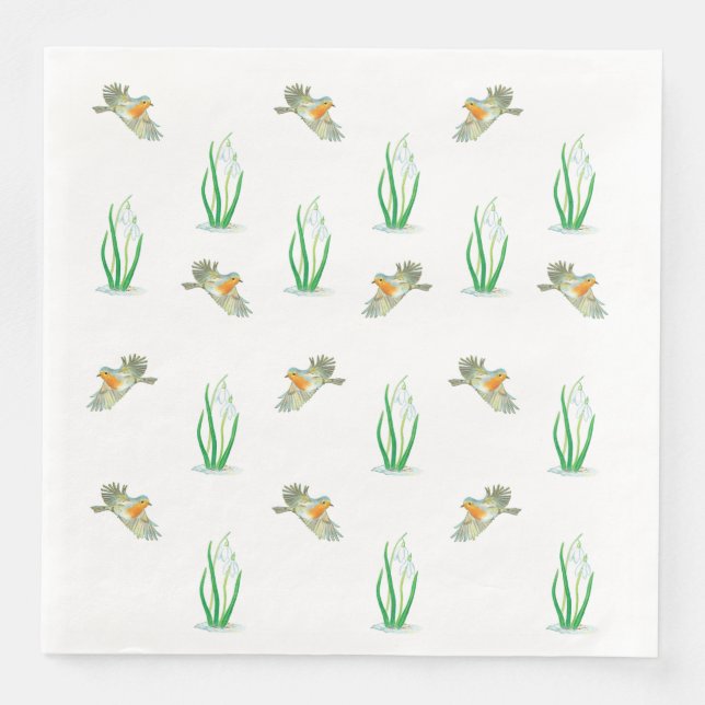 Red Robin Birds & Snowdrops Playful Spring Pattern Napkin (Front)
