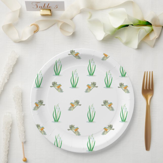 Red Robin Birds & Snowdrops Playful Spring Pattern Paper Plate (Wedding)