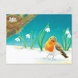 Red Robin & Early Spring Snowdrops Illustration Postcard