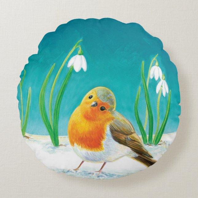 Red Robin (Erithacus rubecula) Early Spring  Round Cushion (Front)