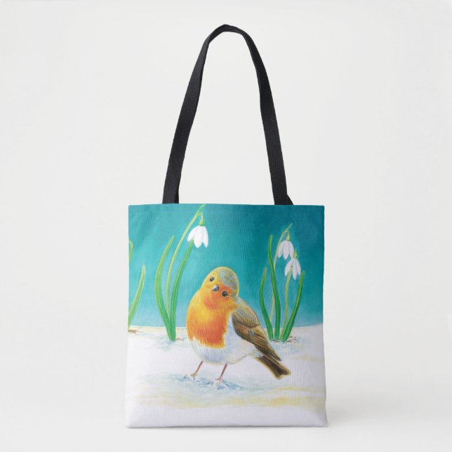 Red Robin (Erithacus rubecula) & White Snowdrops  Tote Bag (Front)