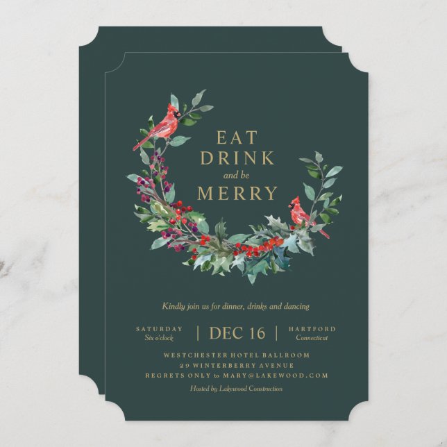 Red Robin Holiday Wreath Party Invitation (Front/Back)