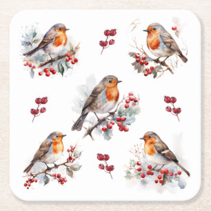 Red Robin Holly Christmas Square Paper Coaster