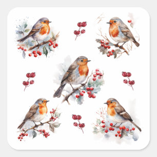 Red Robin Holly Christmas Square Sticker