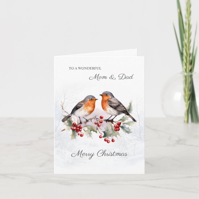 Red Robin Holly Mum & Dad Christmas Card (Front)