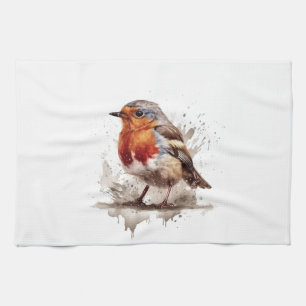 Red Robin in red and brown watercolor painting Tea Towel