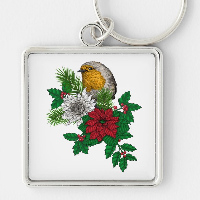 Red robin on Christhmas decoration Key Ring (Front)