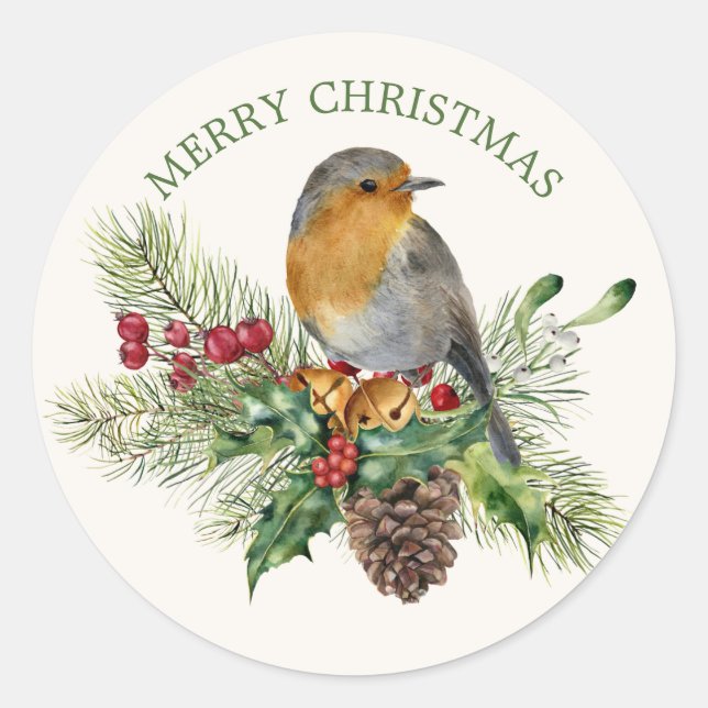 Red robin, pine, cones, holly  mistletoe Christmas Classic Round Sticker (Front)