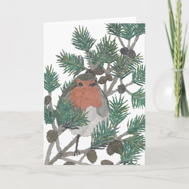 Red Robin, Pine Tree, Bird Art, Holiday Card (Front)