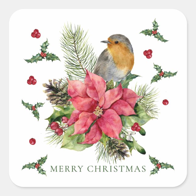 Red Robin Poinsettia Christmas  Square Sticker (Front)