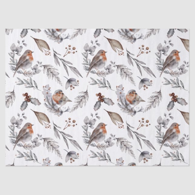 Red Robin Watercolor Botanical Christmas Holiday Tissue Paper (Front)