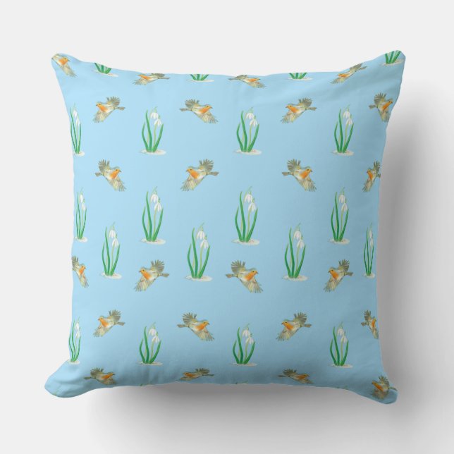 Red Robins and Snowdrops  Cushion (Front)