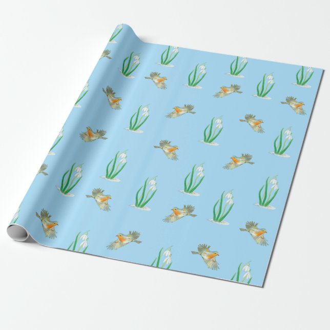 Red Robins and Snowdrops  Wrapping Paper (Unrolled)