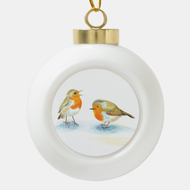 Red Robins in Winter  Ceramic Ball Christmas Ornament (Front)