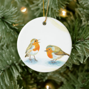 Red Robins in Winter  Ceramic Tree Decoration