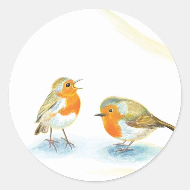 Red Robins in Winter  Classic Round Sticker (Front)