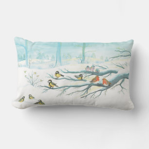 Red Robins & Tit Birds in Winter Forest Lumbar Cushion
