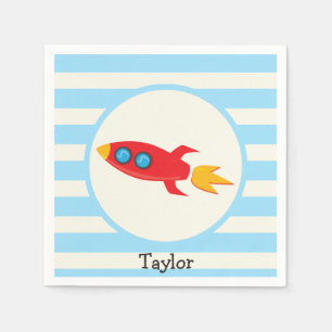 Red Rocket Space Ship; Light Blue Stripes Napkin
