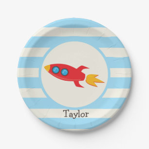 Red Rocket Space Ship; Light Blue Stripes Paper Plate