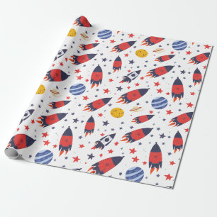 Red Rockets Stars and Planets Wrapping Paper