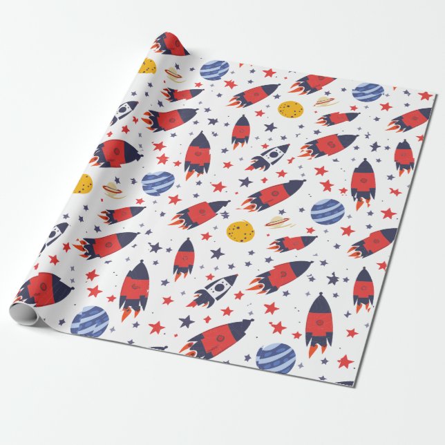 Red Rockets Stars and Planets  Wrapping Paper (Unrolled)