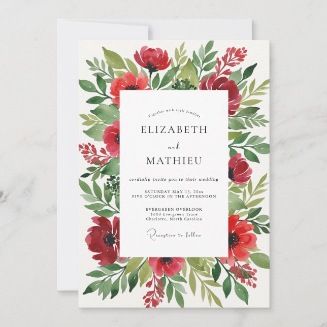 Red Romantic Botanical Wedding Invitation (Front)