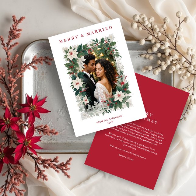 Red Romantic Christmas Botanical Frame Photo Holiday Card (Red Romantic Christmas Botanical Frame Holiday Cards with Photo for First Christmas Married.)