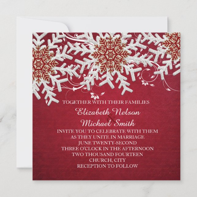 Red Romantic Christmas Snowflakes Wedding Invite (Front)