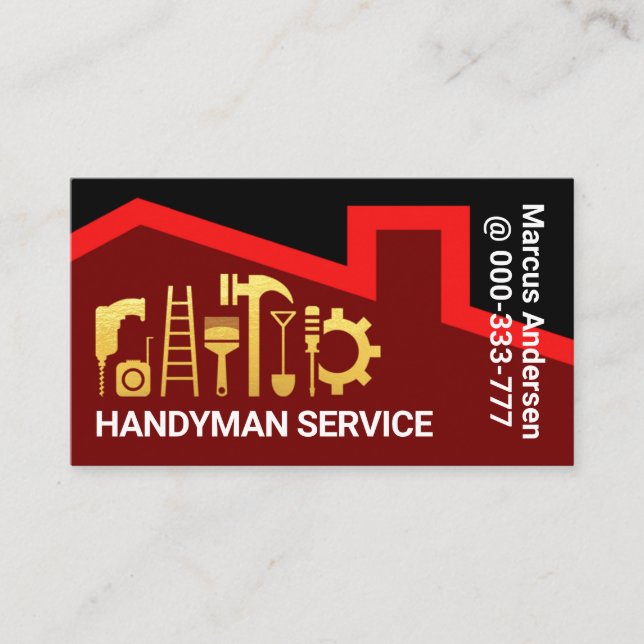 Red Roof Gold Handyman Tools Builder Business Card (Front)