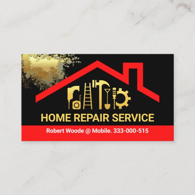 Red Roof Gold Paint Splatter Business Card (Front)