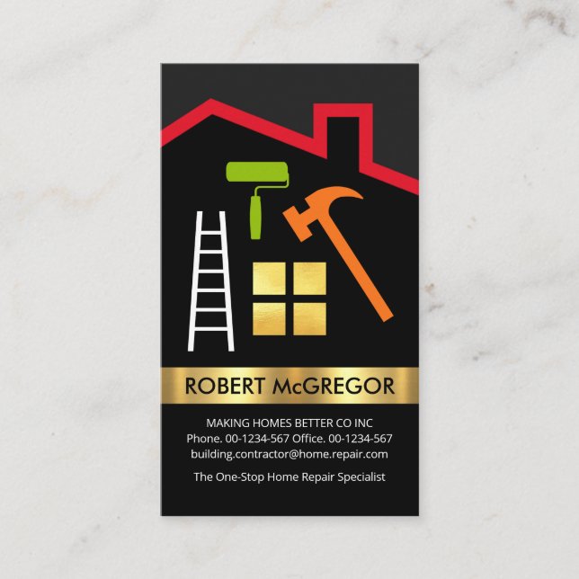 Red Roof Line Border Home Repair Business Card (Front)