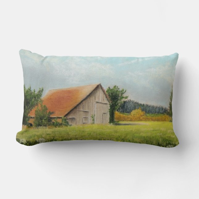 Red-Roofed Barn in the Meadow Lumbar Pillow (Front)