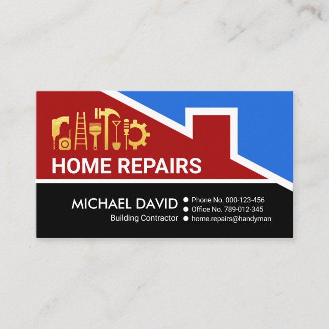 Red Rooftop Building Gold Construction Tools Business Card (Front)