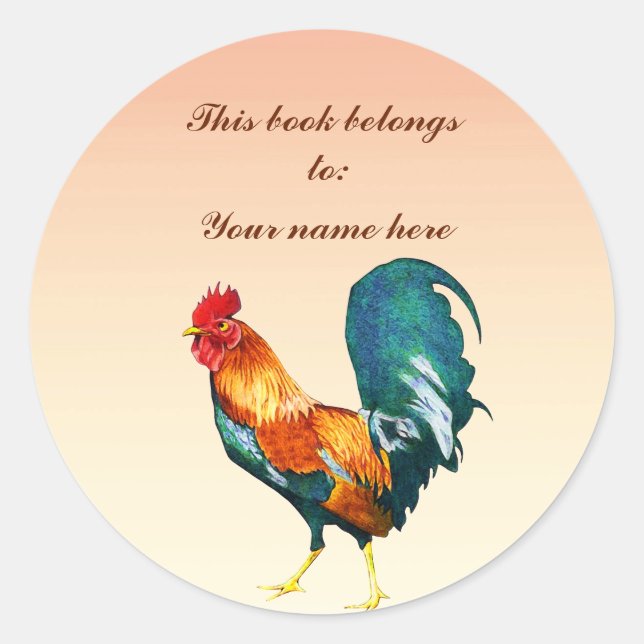 Red Rooster Bird Animal Bookplate Classic Round Sticker (Front)