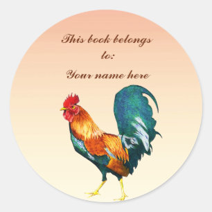 Red Rooster Bird Animal Bookplate Classic Round Sticker