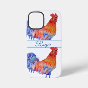 Red Rooster Blue Watercolor Mens Name Phone iPhone 12 Mini Case