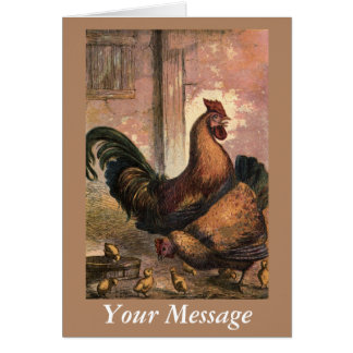 Red Rooster, Brown Hen and Baby Chicks on Straw
