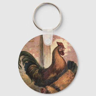 Red Rooster, Brown Hen and Baby Chicks on Straw Key Ring