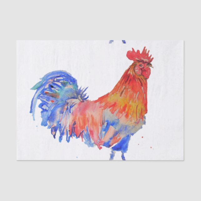 Red Rooster Chicken Blue Mens Boys Watercolor Tissue Paper (Front)