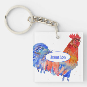 Red Rooster Chicken Blue Watercolor Painting Key Ring
