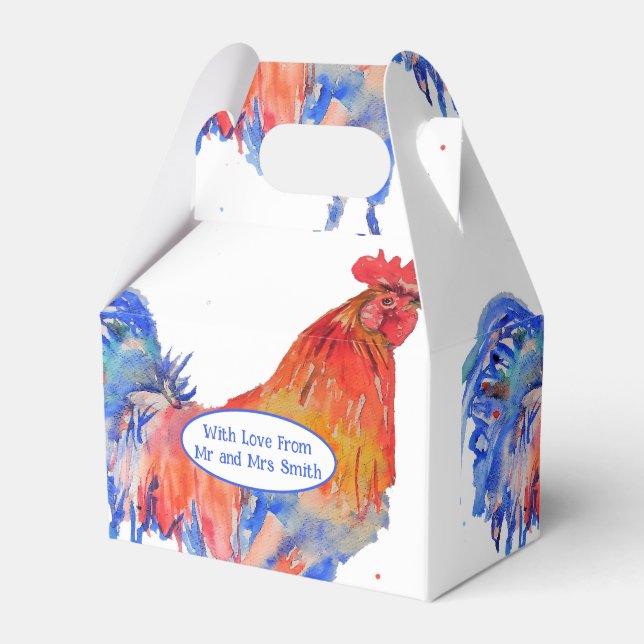 Red Rooster Chicken Blue Watercolor Wedding Favour Box (Front Side)
